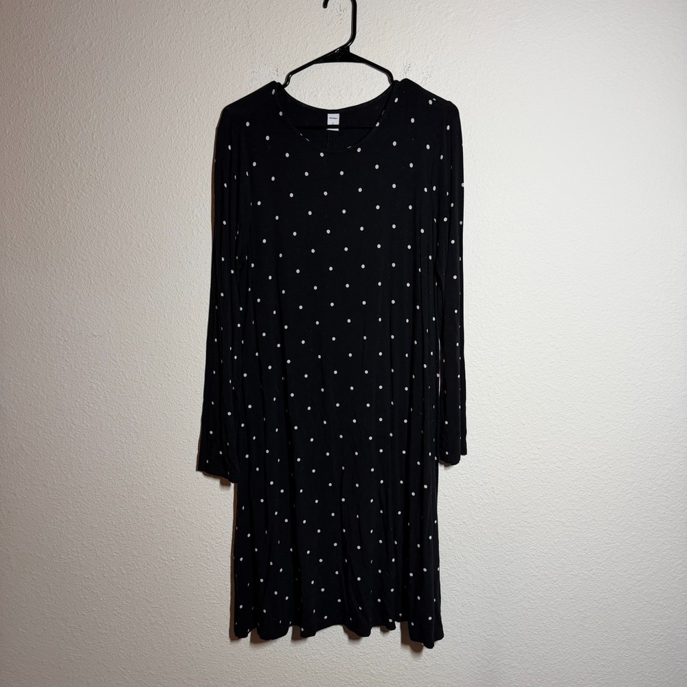 Old Navy A-Line Swing Dress Womens Large Black White Polka Dot Long Sleeve